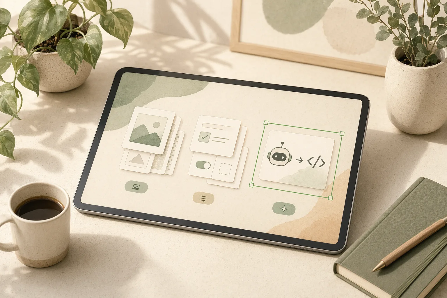 A warm editorial illustration of three groups of AI design-agent cards on a desk — creative assets, task helpers, and an agent-native pipeline — with the design-to-code agent card lifted out and held in a green selection frame, beside soft plants and a coffee mug