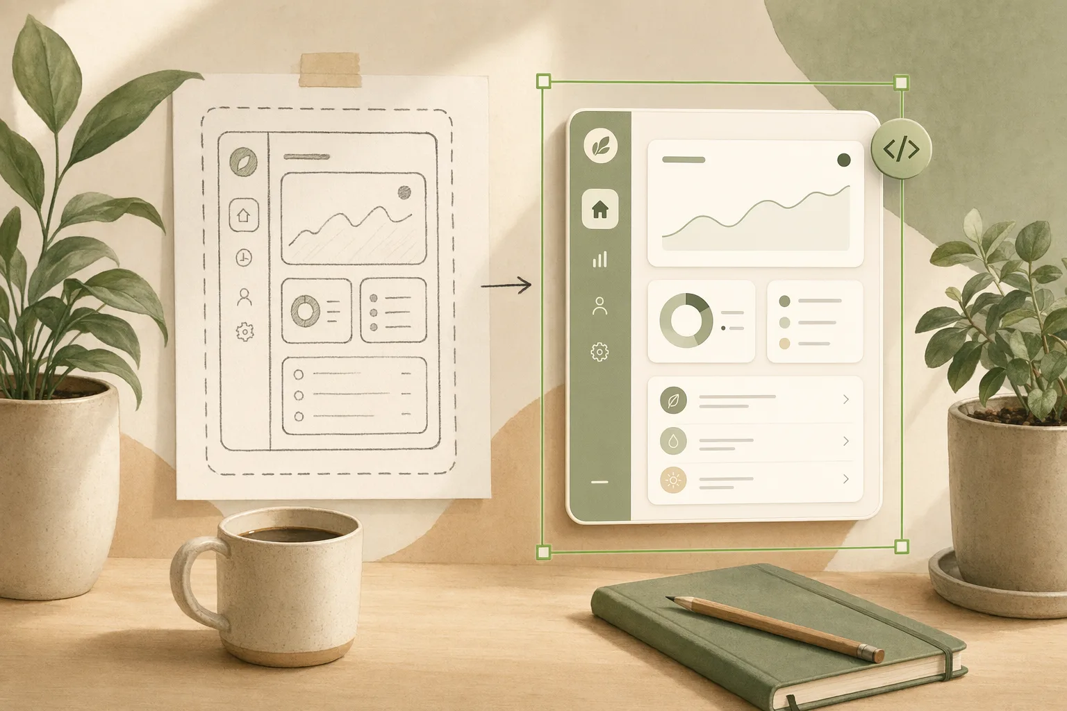 A warm editorial illustration of a clickable mockup prototype and a running code prototype side by side on a desk, with the code prototype that becomes the shipped product held in a green selection frame, beside soft plants and a coffee mug