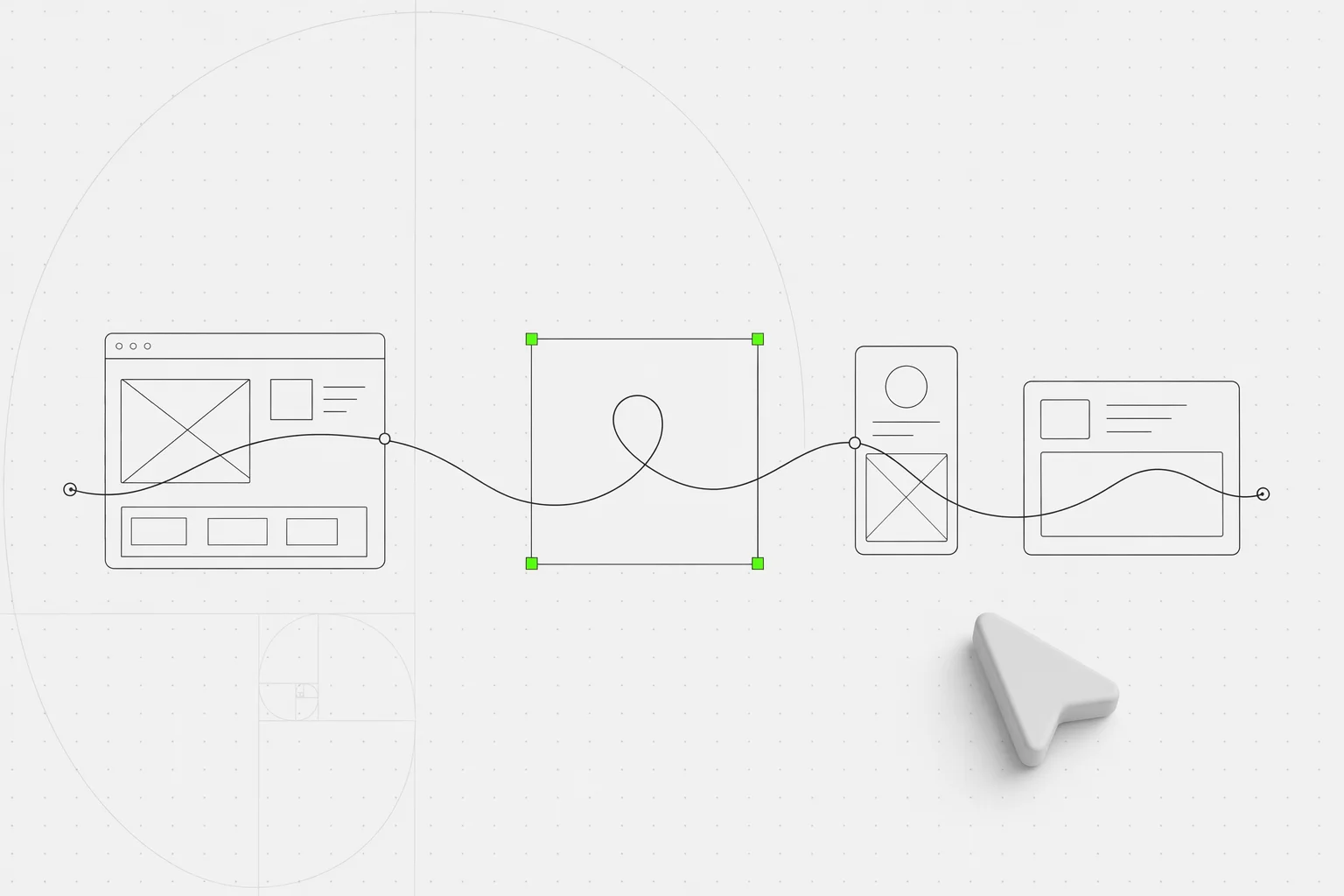 A clean editorial illustration of a design session that stays in flow — a row of wireframe workspace panels connected by one continuous unbroken thread, one panel held in a green selection frame with corner handles, on a near-white ground with a dot grid and a soft matte cursor