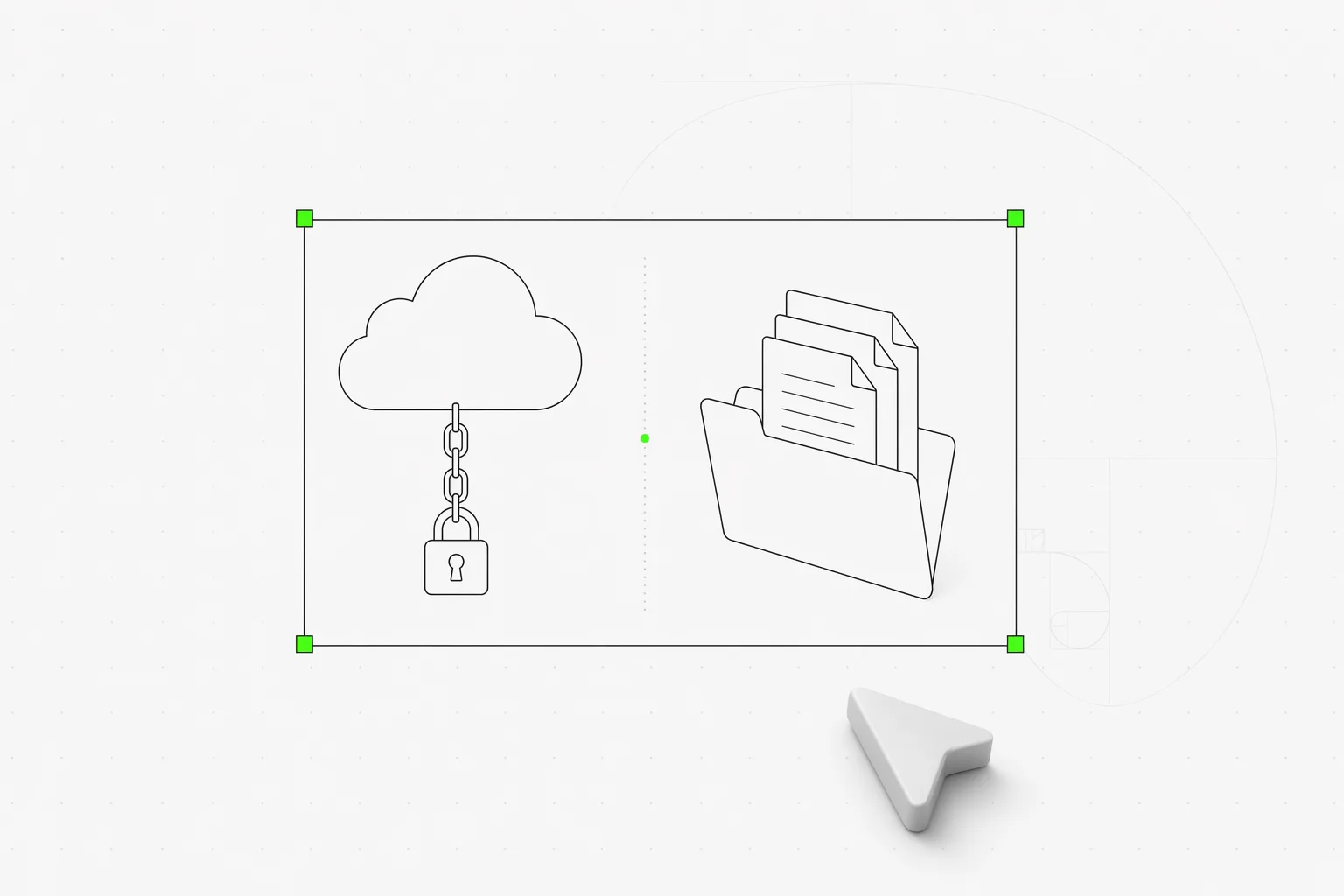 A hosted cloud chained to a lock beside an open folder of portable plain-text files, in a green selection frame on a near-white editorial ground