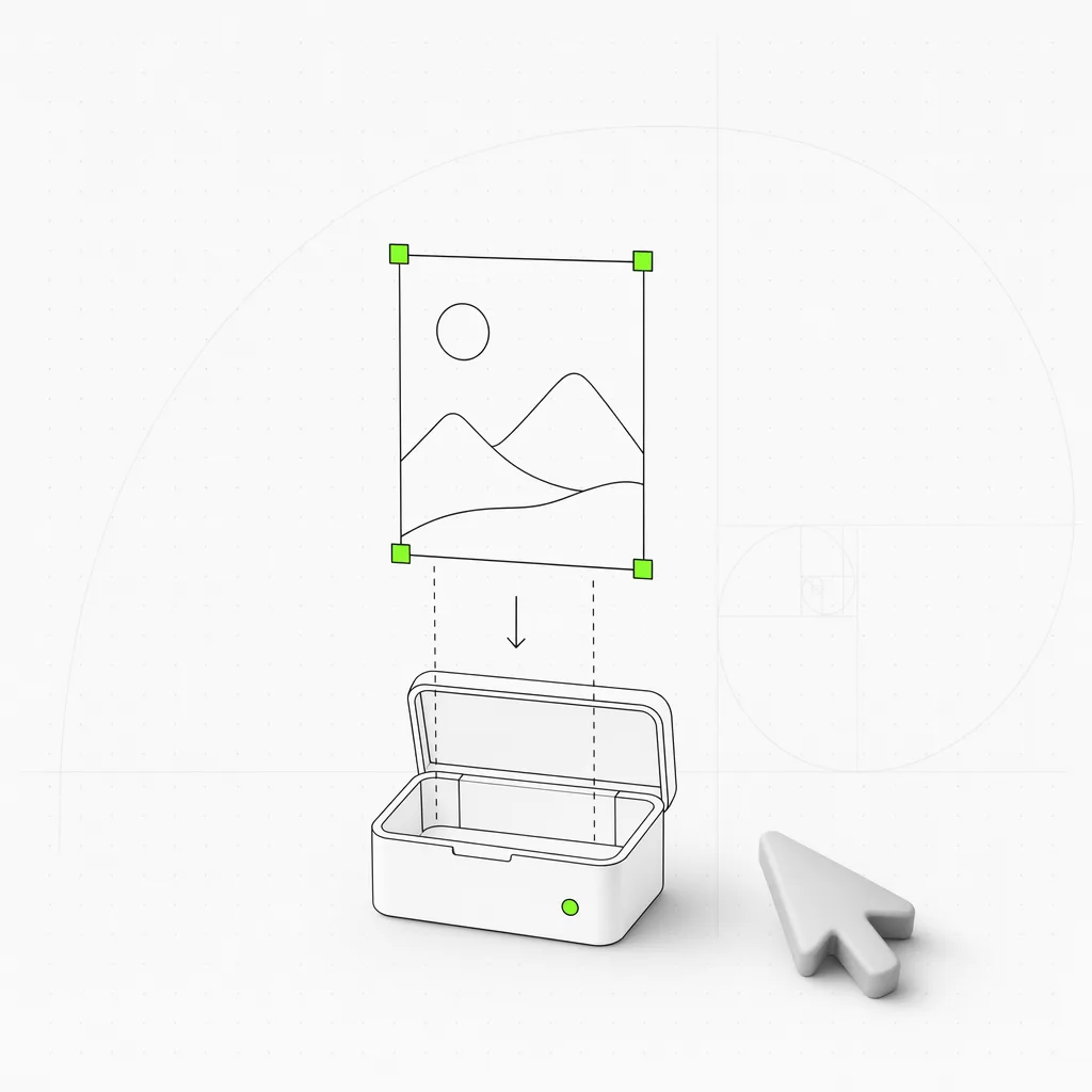 Un frame di design che viene estratto da un canvas e inserito in una scatola modulare portabile, selezionato in una cornice verde su uno sfondo editoriale quasi bianco