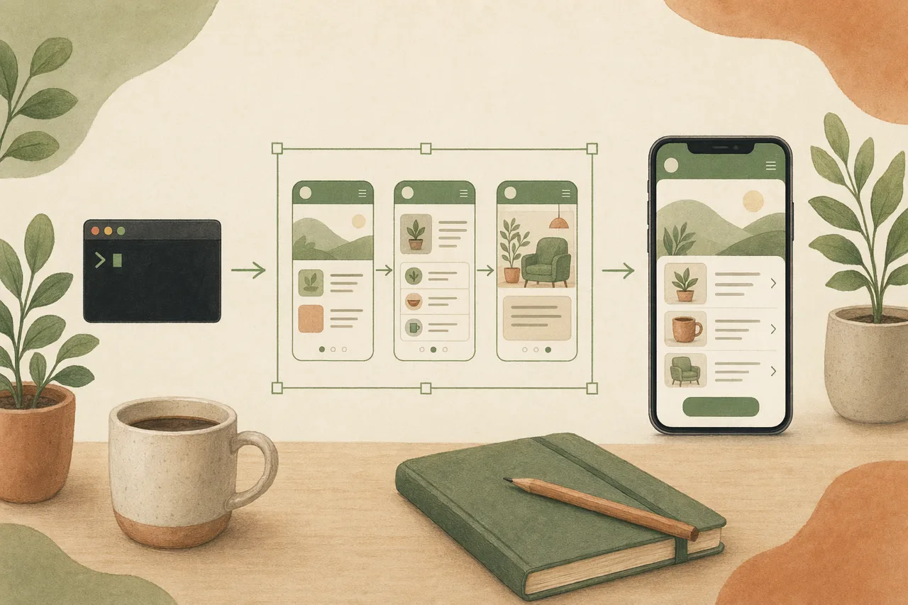 Editorial illustration of a prompt turning into a clickable multi-screen prototype and then production code, framed by a green selection box