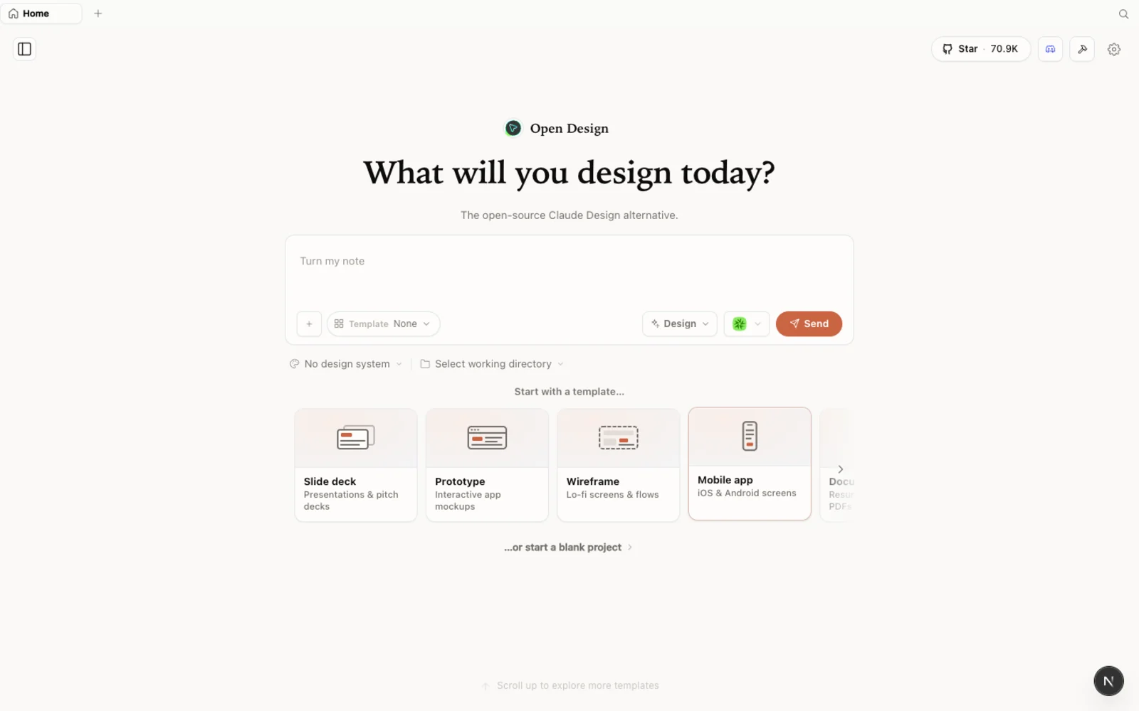 L'espace de travail Open Design — ce que vous découvrez après l'installation.