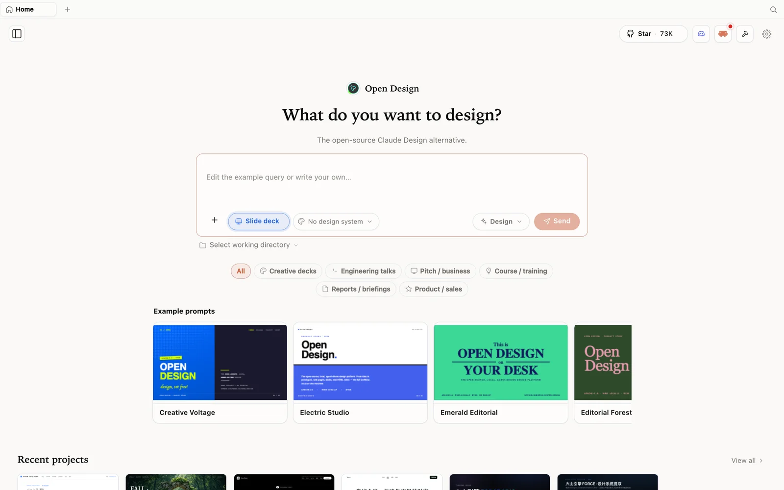 Le mode diaporama d'Open Design avec des exemples de présentations.